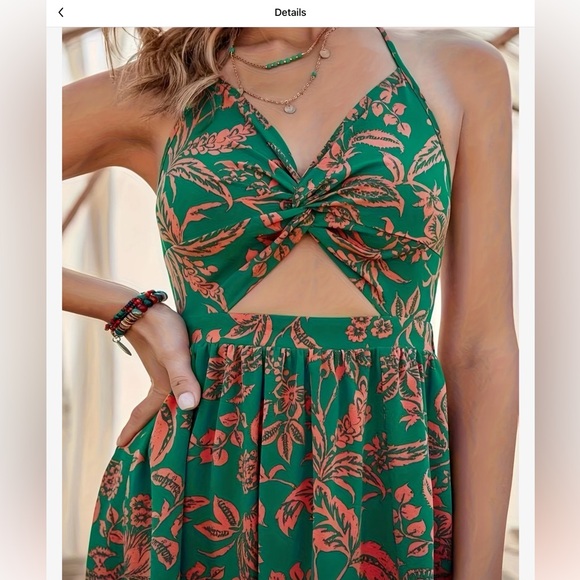 Floral Halter Maxi Dress - Green and Orange - Picture 4 of 5